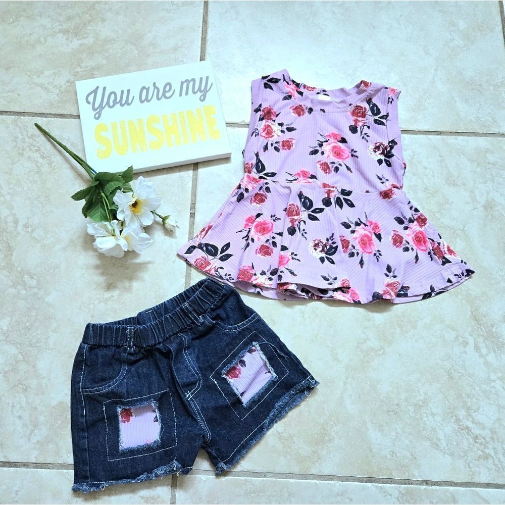 Little girls, floral & denium  2-piece summer outfit, swt